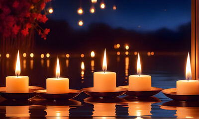 A tranquil scene with candles and reflections on water