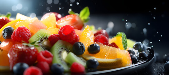 Fresh Fruit Salad Close Up. Healthy Food mixed Salad. Kiwi, Strawberry, Orange, Berry  - died and fitness concept.