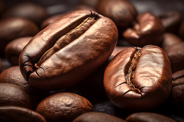 Close Up of roasted Coffee beans on black background