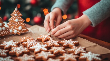 Children's hands decorate Christmas cookies.
