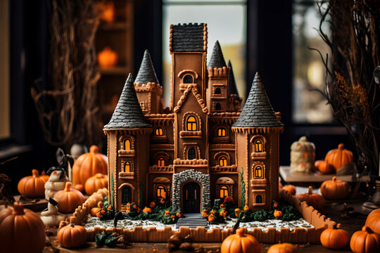 A haunted castle made of gingerbread with licorice vines and candy corn windows. Generative Ai.NO.04