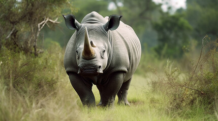 Endangered African rhinoceros in natural habitat, surrounded by plant and wildlife. Generative AI.