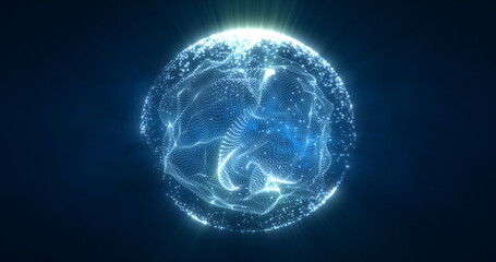 Abstract blue energy sphere from particles and waves of magical glowing on a dark background