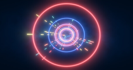 Abstract multi-colored energy futuristic hi-tech tunnel of flying circles and lines neon magic glowing background
