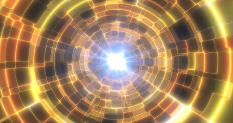 Yellow energy tunnel with glowing bright electric magic lines scientific futuristic hi-tech abstract background