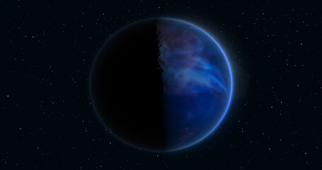 Abstract realistic space spinning planet round sphere with a blue water surface in space against the background of stars