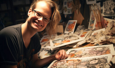Fototapeta premium From Paper to Palette: Cartoonist's Diverse Artistic Journey.