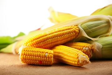 organic vegetable corns with cobs on wooden table with blur background