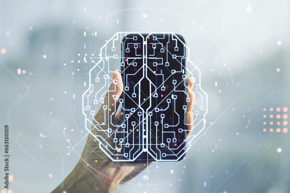 Aufkleber creative artificial intelligence concept with human brain sketch and hand with mobile phone on backg