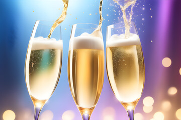 Cheers champagne with splashing out of glass. Champagne glasses clinking together in celebration of the New Year.