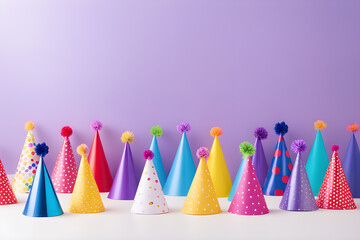 Background of colorful party hats and horns fun and playful arrangement