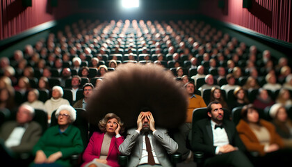 Man with huge afro blocks the view, in theater causing inconvenience to audience and embarrassment to wife. Funny meme style illustration - obrazy, fototapety, plakaty