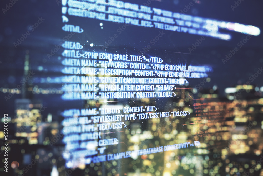Poster multi exposure of abstract programming language hologram on blurry office buildings background, arti