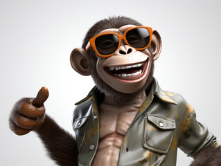 A Cartoon 3D Chimpanzee Wearing Sunglasses on a Solid Background