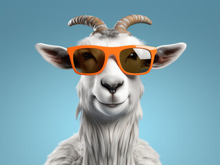 A Cartoon 3D Goat Wearing Sunglasses on a Solid Background