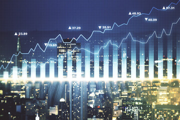 Multi exposure of abstract virtual financial graph hologram on San Francisco skyline background, forex and investment concept