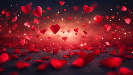 Background made of red hearts made of flower petals flying in air.
