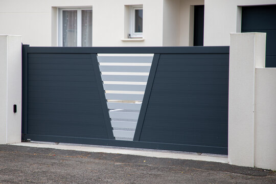 portal grey dark modern home steel slide door gray aluminum gate slats