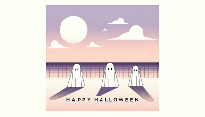 Illustration using soft pastel colors depicting a minimalistic Halloween beach scene - Generative AI