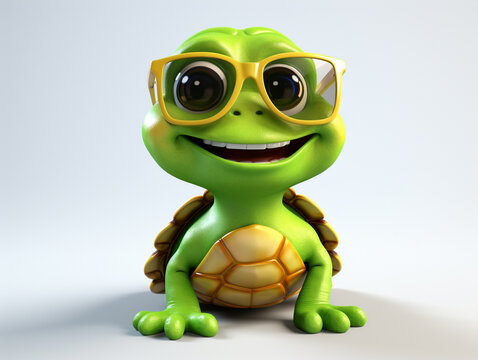 A Cartoon 3D Turtle Wearing Sunglasses on a Solid Background