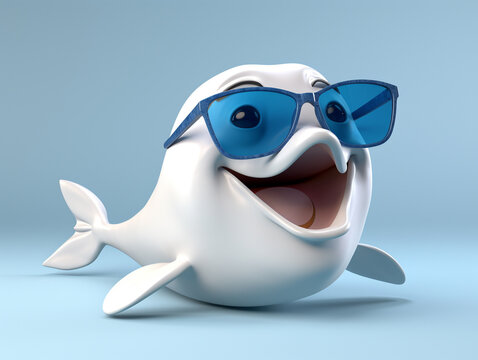 A Cartoon 3D Whale Wearing Sunglasses on a Solid Background
