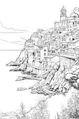Cinque Terre region village landscape black and white coloring page for adults. Riomaggiore, Manarola, Corniglia, Monterosso houses, waterfront vector outline doodle sketch for anti stress color book