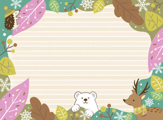 冬の植物とかわいい動物のフレーム