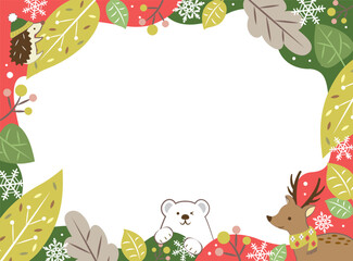 Fototapeta premium 冬の植物とかわいい動物のフレーム クリスマス