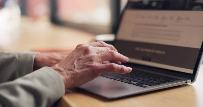 Laptop, hands typing at desk in office, working on project research tech and scroll on touch pad. Keyboard, closeup and business man at table, writing email or consultant planning on digital computer