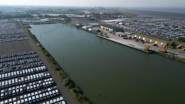 Alexandra Docks New Vehicle Van Car Storage Parking Industrial Aerial View UK