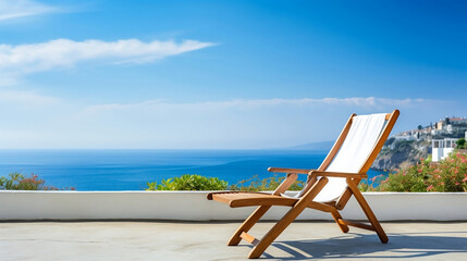 lounge or deck chair on a terrace overlooking a breathtaking blue beach and a clear sky in the background