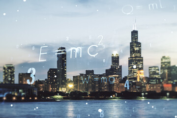 Scientific formula illustration on Chicago cityscape background, science and research concept....