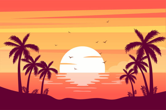 gradient beach sunset sunrise with palm silhouette landscape background