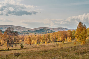 Autumn landscape with fall trees, clouds, mountains, grass