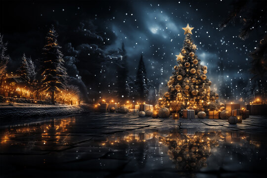 Enchanting Christmas Tree adn landscape with Baubles, Blurred Shiny Lights, and Magical Festive Delights