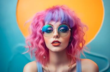 Naklejka premium Young lo fi woman with vibrant pink curly hair wearing retro clothes