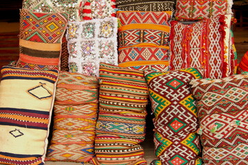 Image of colorful cushions for sale in Medina, Marrakech, , Morocco.