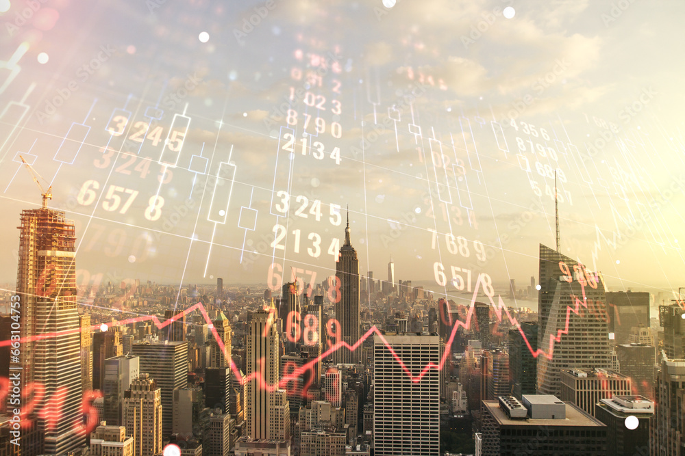 Poster double exposure of abstract virtual statistics data hologram on new york city skyscrapers background