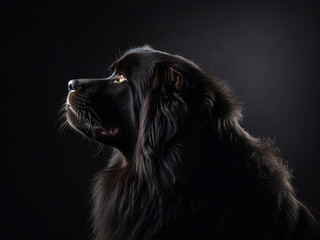 profile of a Newfoundland dog in the dark, on the black background, silhouette lighting