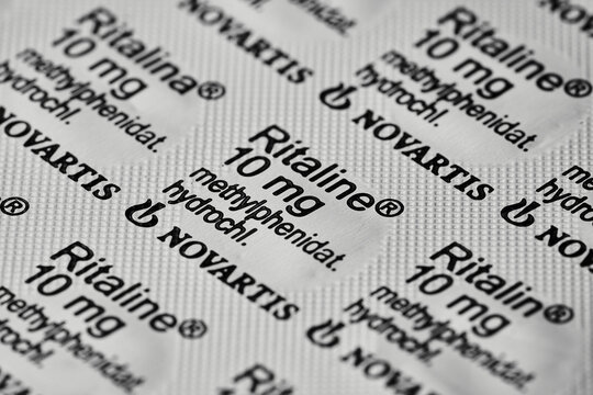 Bangkok, Thailand - 07-20-21 : Ritalin 10mg blister pack. close up Ritalin pack for ADHD Methylphenidate background. Ritalin Methylphenidate 10mg blister pack   