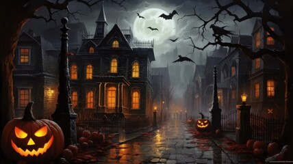 Fototapeta na wymiar Halloween pumpkin street in spooky ghost town for halloween festival backdrop and background