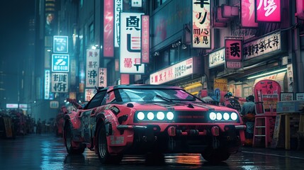 Tokyo cyberpunk landscape at nigh. Dystopian cityscape, devastated by war, poverty, and environmental decay, featuring decaying architecture and flickering neon signs, retro-futuristic Asian streets.