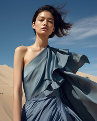 woman in a blue silk gown