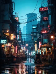 Deurstickers Tokyo cyberpunk landscape at nigh. Dystopian cityscape, devastated by war, poverty, and environmental decay, featuring decaying architecture and flickering neon signs, retro-futuristic Asian streets. © AlexRillos