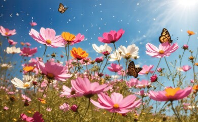 Cosmos flowers and butterflies in a sunlit meadow.