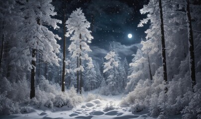 Snowfall in a snowy, moonlit forest, where gentle lights and stars create a mesmerizing night scene.