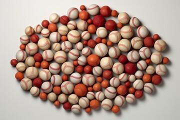 Overhead view of baseballs on base, 3D rendered sports gear on white background. Generative AI