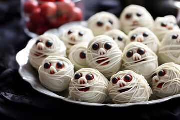 A platter of mummy-inspired white chocolate-covered strawberries with candy eyes. Generative Ai.NO.03