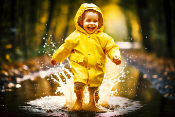 A happy child in a yellow raincoat running through a puddle