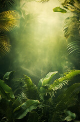 Dreamy tropical landscape with rainforest. Banner with greenery and copy space for your text. Bali style template for your design, exotic photo with green palm leaves and atmospheric sunlight rays.  - obrazy, fototapety, plakaty